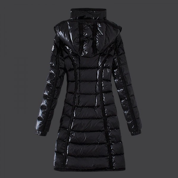 Moncler Donna sottile lungo Giù cappotto Nero Presa M1080